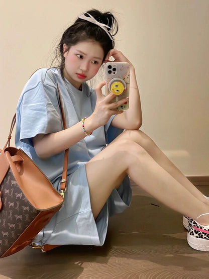 American lazy style sportswear suit for women 2024 new summer pure cotton short-sleeved shorts student running two-piece set