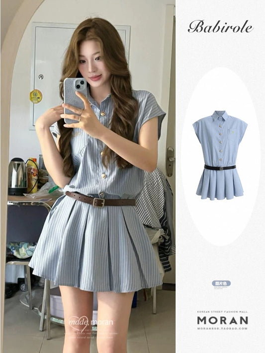 College style blue striped shirt dress women's waist slimming design niche pleated short skirt summer