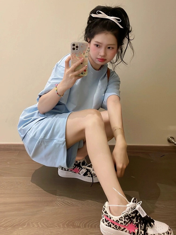 American lazy style sportswear suit for women 2024 new summer pure cotton short-sleeved shorts student running two-piece set