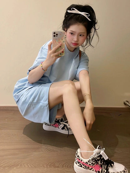 American lazy style sportswear suit for women 2024 new summer pure cotton short-sleeved shorts student running two-piece set