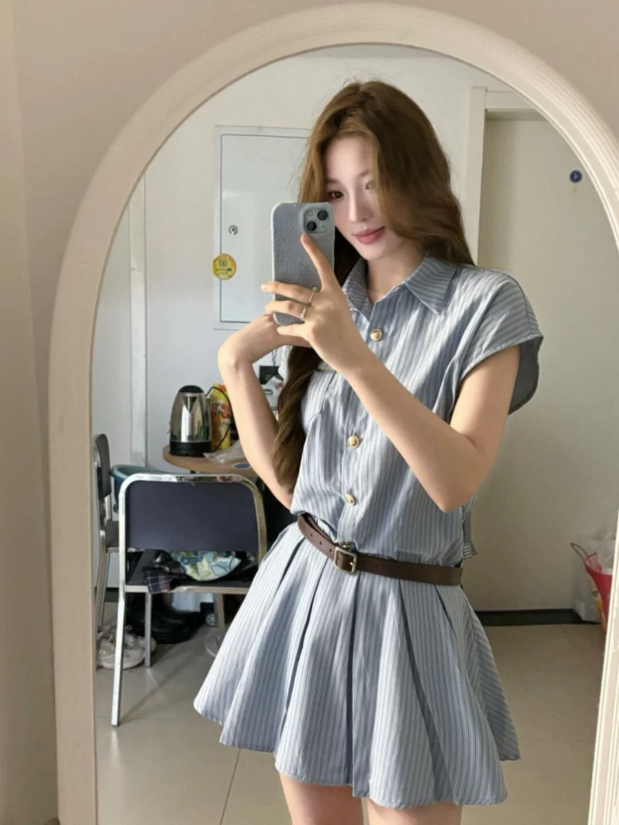 College style blue striped shirt dress women's waist slimming design niche pleated short skirt summer
