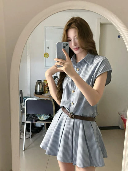 College style blue striped shirt dress women's waist slimming design niche pleated short skirt summer