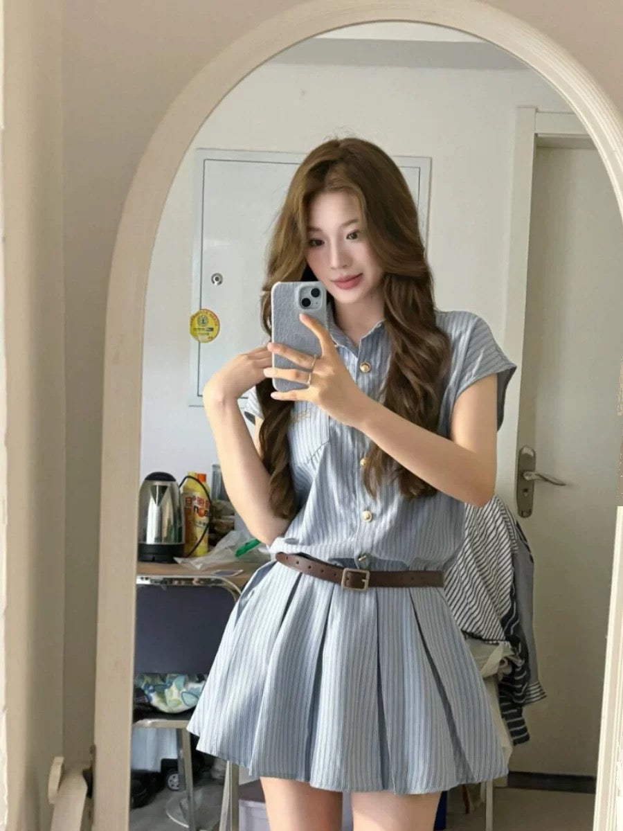 College style blue striped shirt dress women's waist slimming design niche pleated short skirt summer