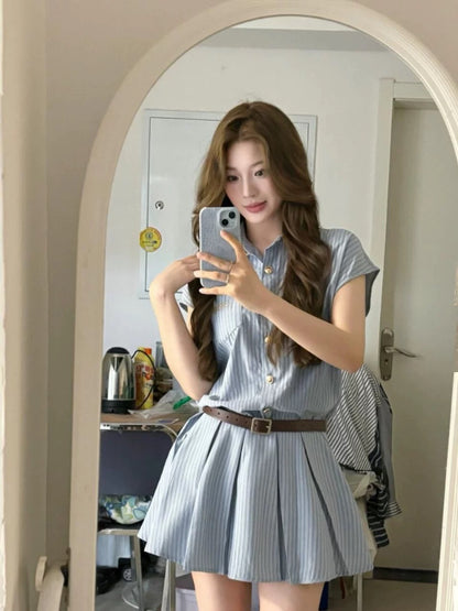 College style blue striped shirt dress women's waist slimming design niche pleated short skirt summer