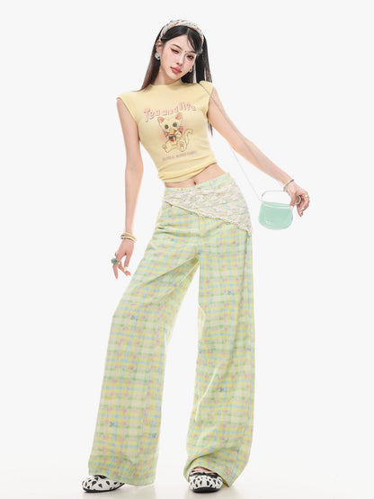 ABWLR Minty Fresh - Original Dopamine Green Plaid Straight Leg Pants for Women, Loose Fit, Slimming, Versatile Casual Pants