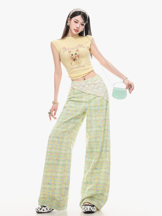 ABWLR Minty Fresh - Original Dopamine Green Plaid Straight Leg Pants for Women, Loose Fit, Slimming, Versatile Casual Pants
