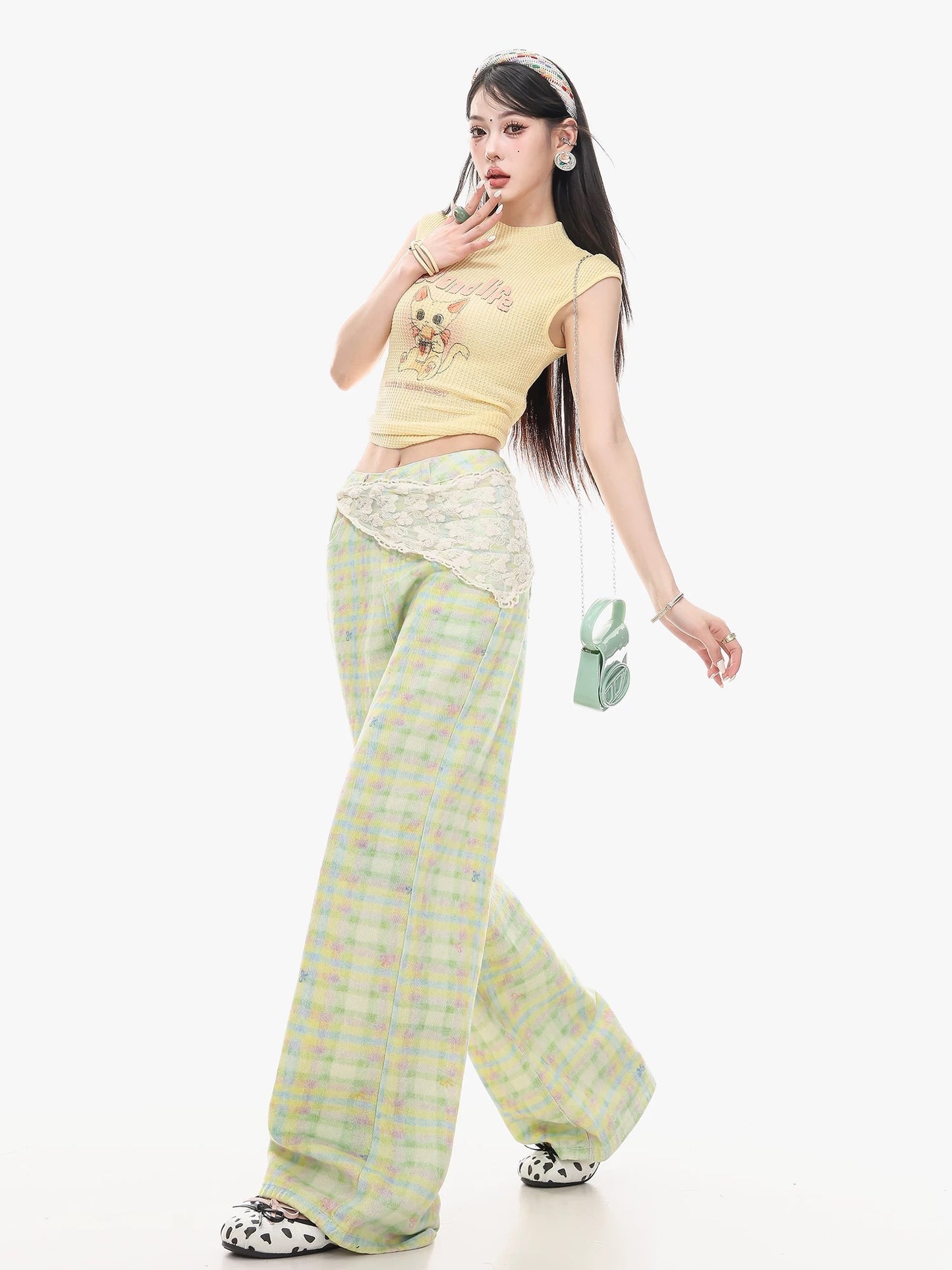 ABWLR Minty Fresh - Original Dopamine Green Plaid Straight Leg Pants for Women, Loose Fit, Slimming, Versatile Casual Pants