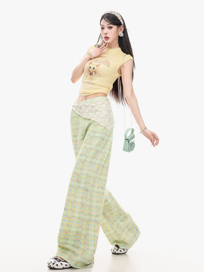 ABWLR Minty Fresh - Original Dopamine Green Plaid Straight Leg Pants for Women, Loose Fit, Slimming, Versatile Casual Pants