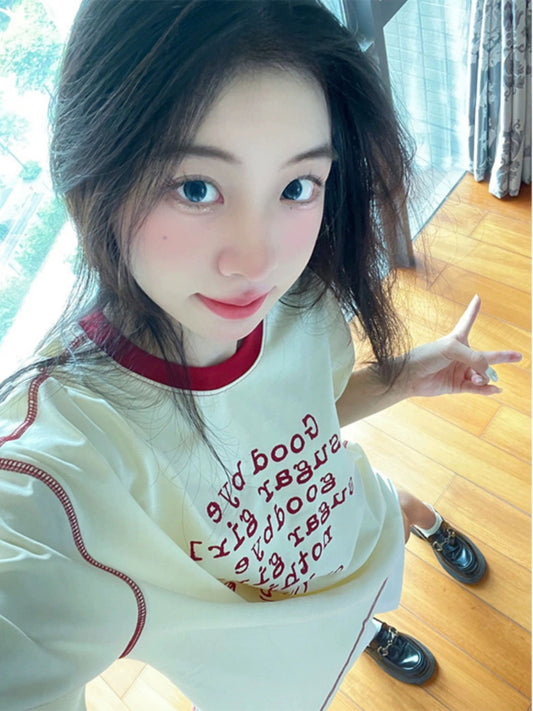 Half a sweet grapefruit American retro niche contrasting letter print short-sleeved men's and women's loose couple T-shirt tops summer