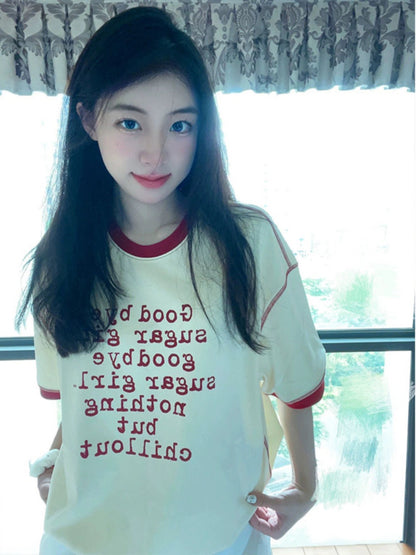 Half a sweet grapefruit American retro niche contrasting letter print short-sleeved men's and women's loose couple T-shirt tops summer