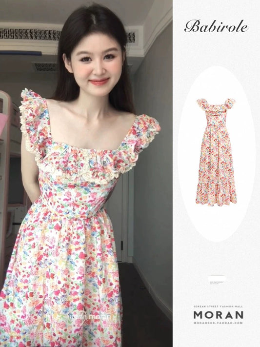 French Retro Oil Painting Floral Square Neck Dress Women's Slim Fit Seaside Vacation Casual Small Fly Sleeve Long Skirt