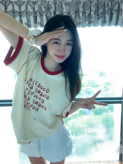 Half a sweet grapefruit American retro niche contrasting letter print short-sleeved men's and women's loose couple T-shirt tops summer