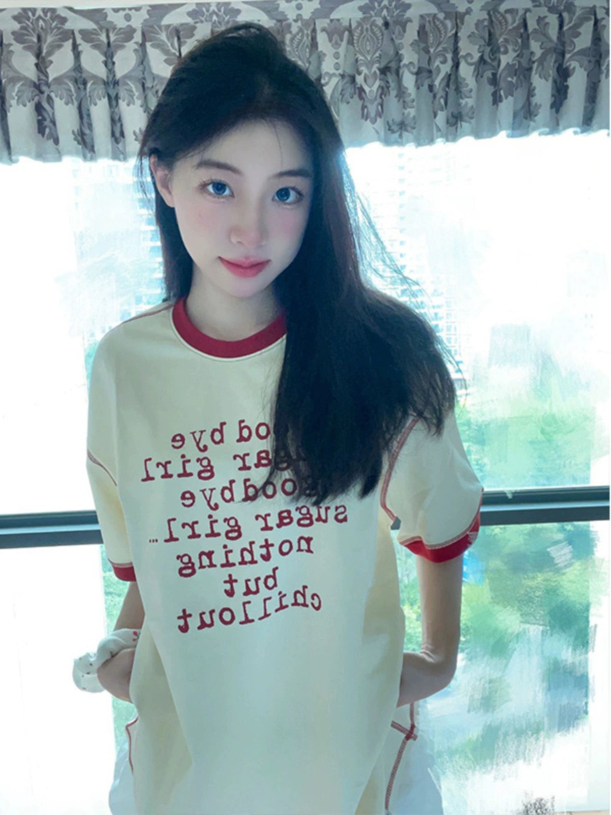 Half a sweet grapefruit American retro niche contrasting letter print short-sleeved men's and women's loose couple T-shirt tops summer