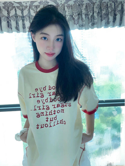 Half a sweet grapefruit American retro niche contrasting letter print short-sleeved men's and women's loose couple T-shirt tops summer