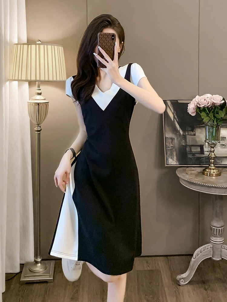 High-end V-neck dress for small people 2024 new summer women's fake two-piece patchwork skirt with waist and temperament