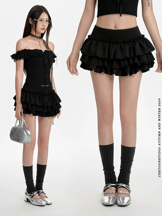 Black puffy cake skirt female summer new low waist slim A-line skirt pleated skirt hot girl miniskirt trend