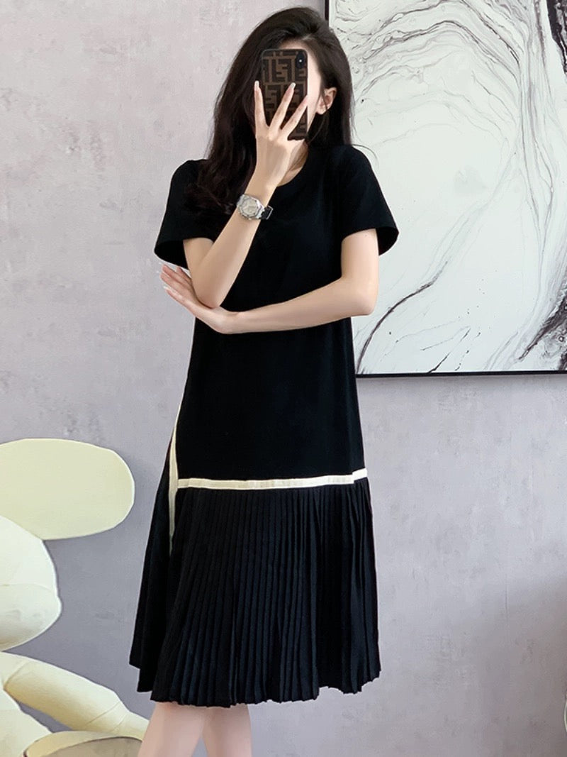 Summer 2024 new Korean style fashion splicing black dress women's loose slimming mid-length pleated T-shirt skirt