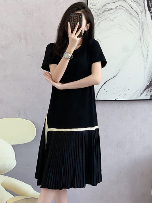 Summer 2024 new Korean style fashion splicing black dress women's loose slimming mid-length pleated T-shirt skirt