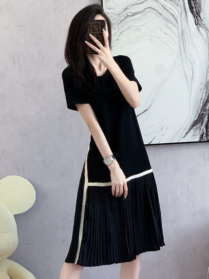 Summer 2024 new Korean style fashion splicing black dress women's loose slimming mid-length pleated T-shirt skirt
