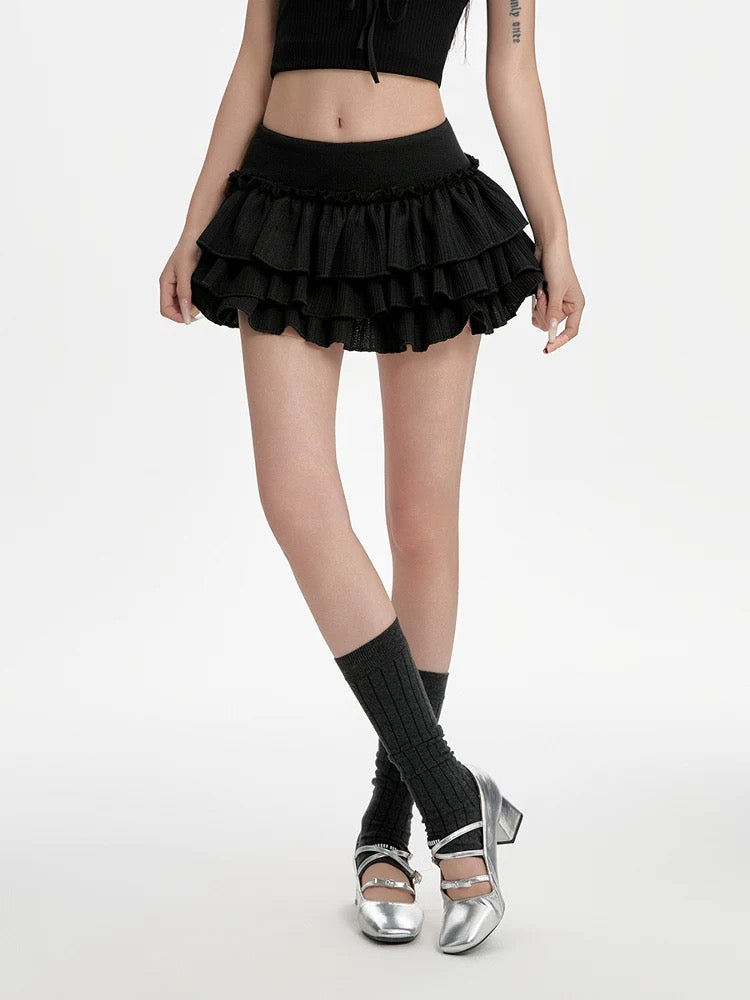 Black puffy cake skirt female summer new low waist slim A-line skirt pleated skirt hot girl miniskirt trend