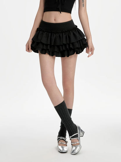 Black puffy cake skirt female summer new low waist slim A-line skirt pleated skirt hot girl miniskirt trend