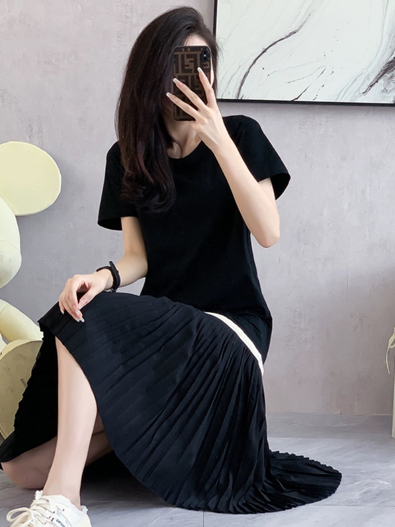 Summer 2024 new Korean style fashion splicing black dress women's loose slimming mid-length pleated T-shirt skirt