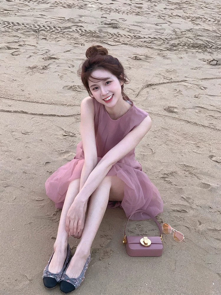 Tea break French gentle style sleeveless vest dress for women summer mesh chiffon fairy princess fishtail dress for small people