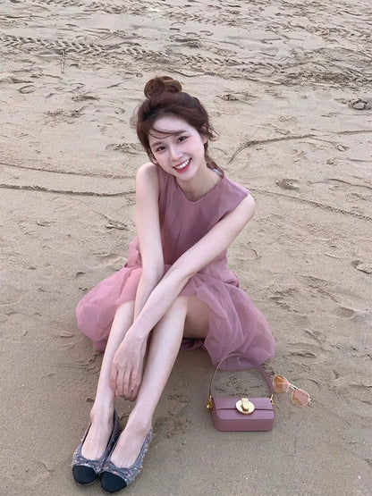 Tea break French gentle style sleeveless vest dress for women summer mesh chiffon fairy princess fishtail dress for small people