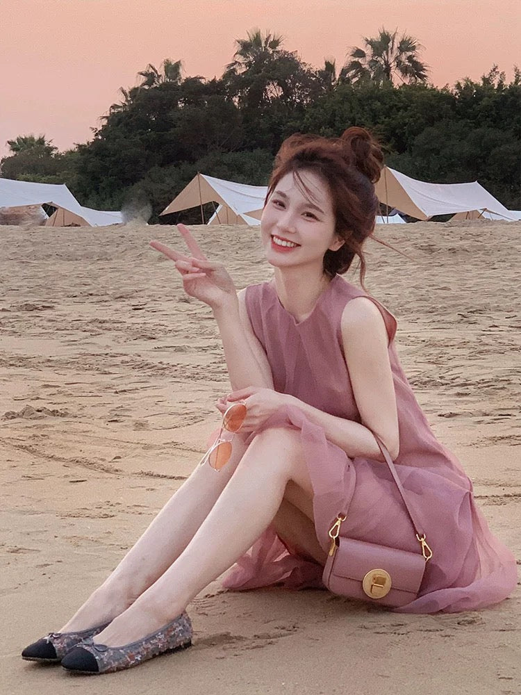 Tea break French gentle style sleeveless vest dress for women summer mesh chiffon fairy princess fishtail dress for small people