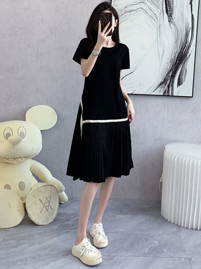 Summer 2024 new Korean style fashion splicing black dress women's loose slimming mid-length pleated T-shirt skirt