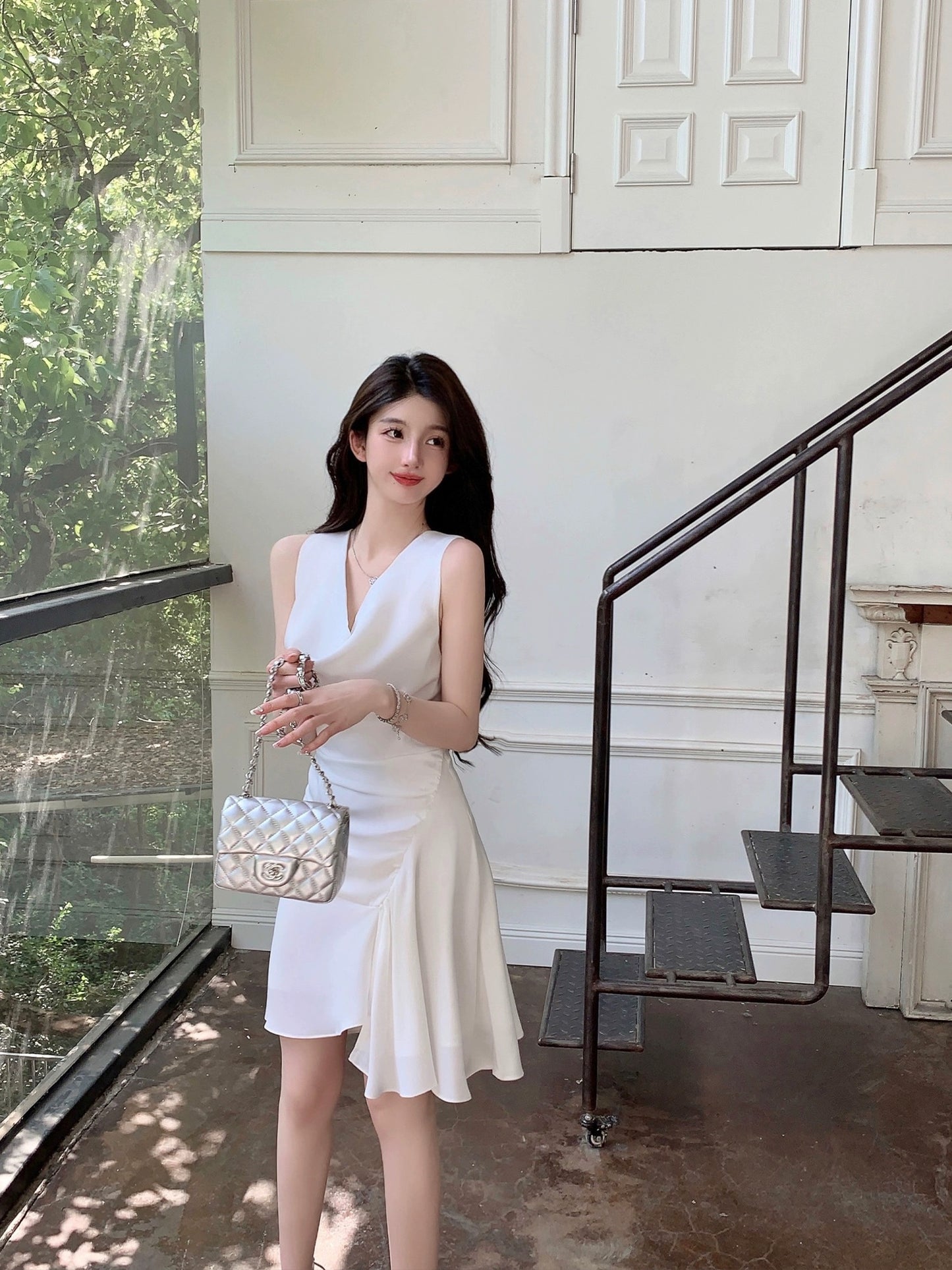 FairyJiang summer new temperament swung collar satin white dress short irregular high-end fairy skirt