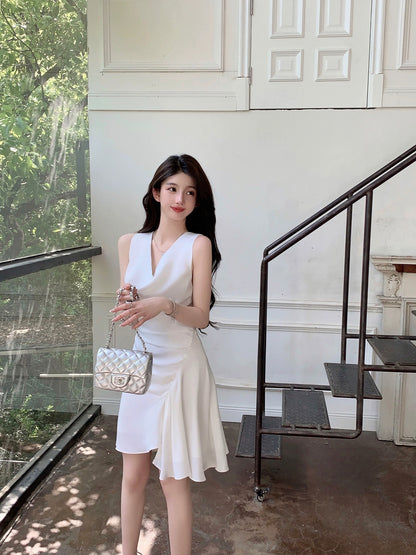 FairyJiang summer new temperament swung collar satin white dress short irregular high-end fairy skirt