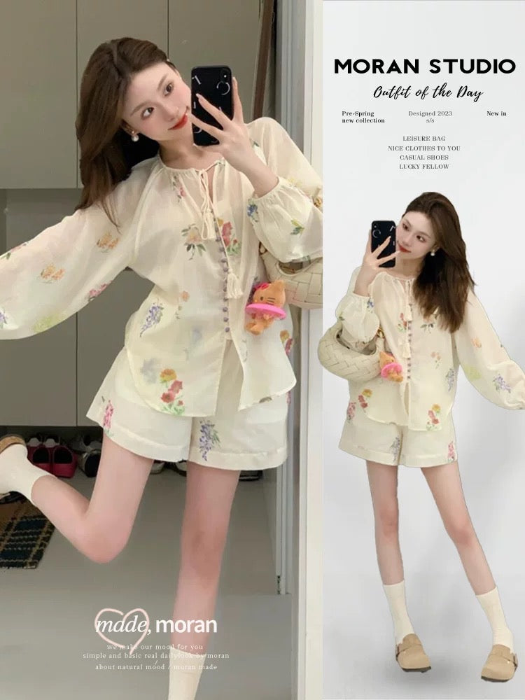 French retro floral long-sleeved sun protection cardigan top casual shorts two-piece suit with sweet, gentle and summery temperament