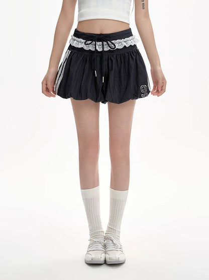 Navy blue lace edge fluffy flower bud skirt female summer new high waist A-line skirt half skirt sweet cool hot girl short skirt