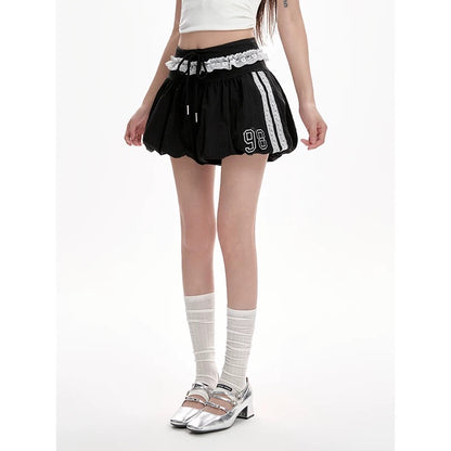 Navy blue lace edge fluffy flower bud skirt female summer new high waist A-line skirt half skirt sweet cool hot girl short skirt