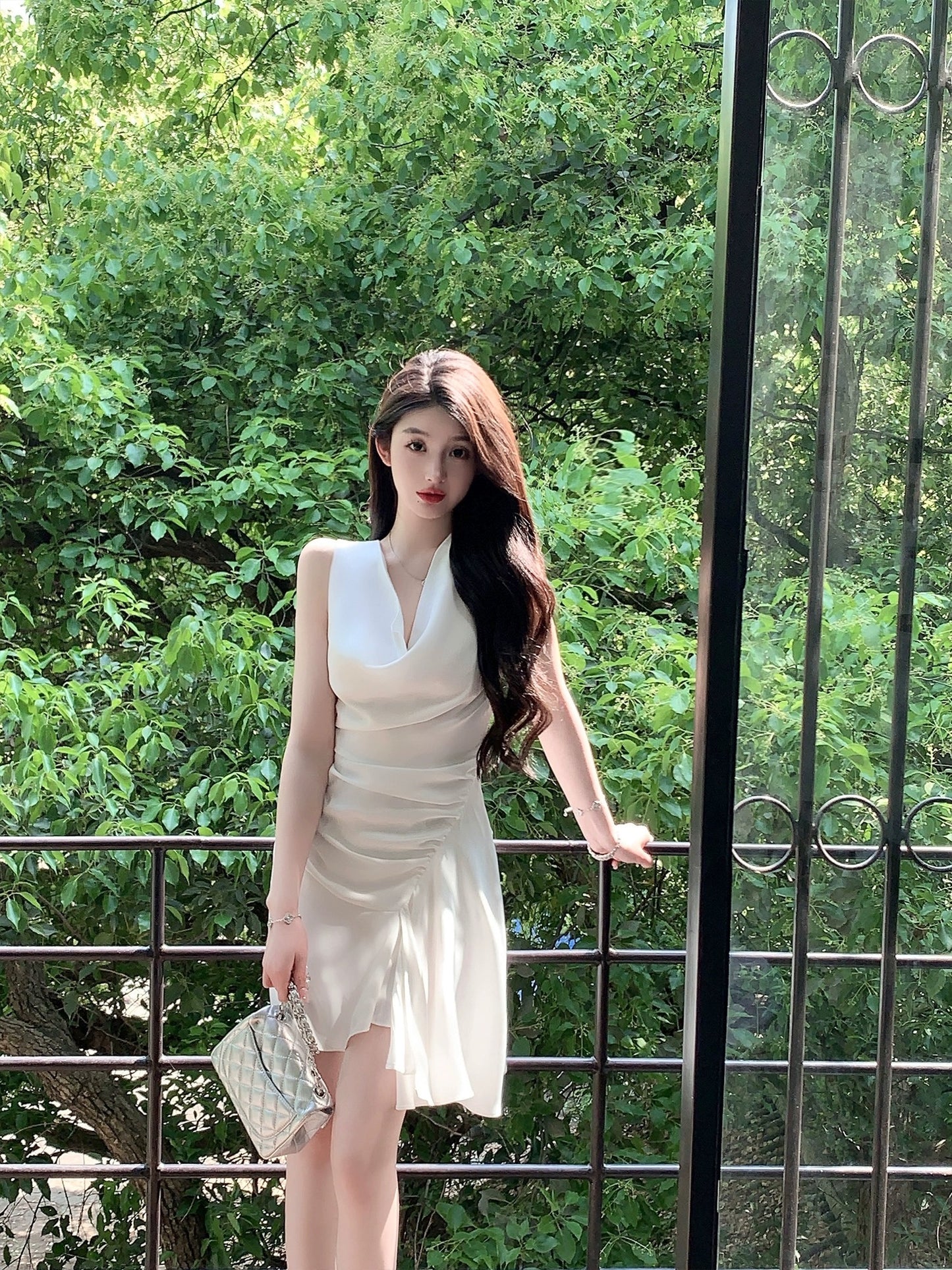FairyJiang summer new temperament swung collar satin white dress short irregular high-end fairy skirt