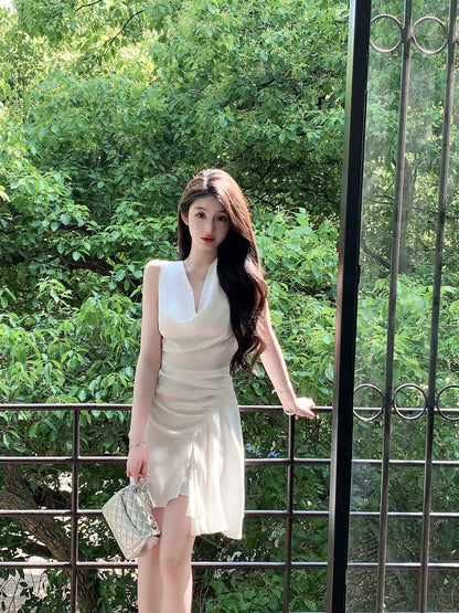 FairyJiang summer new temperament swung collar satin white dress short irregular high-end fairy skirt