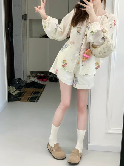 French retro floral long-sleeved sun protection cardigan top casual shorts two-piece suit with sweet, gentle and summery temperament