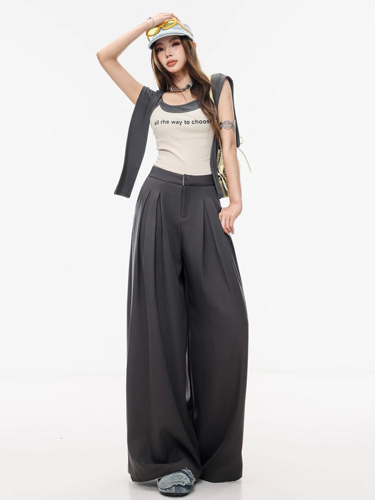 ABWLR Plain Style - Original Old Money Style Flowy Gray Wide-Leg Pants for Women, Korean Style Relaxed Casual Trousers