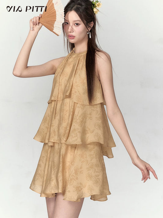 VIAPITTI design new Chinese loose dress women's summer new dark pattern floral slim cake skirt