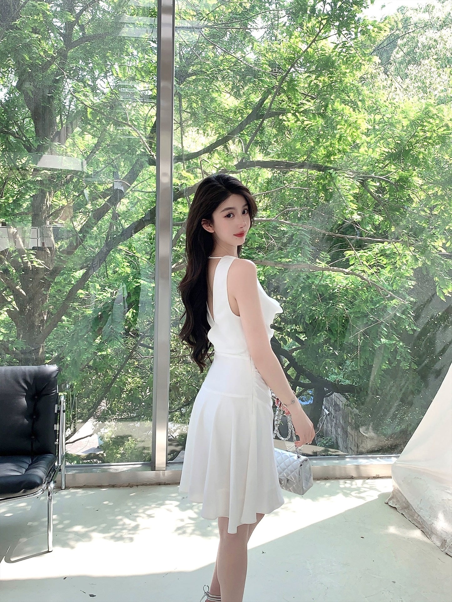 FairyJiang summer new temperament swung collar satin white dress short irregular high-end fairy skirt