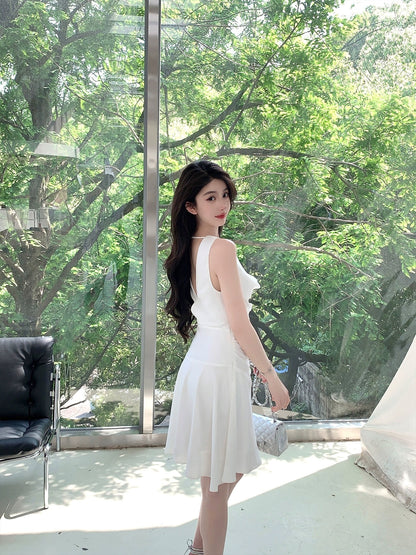 FairyJiang summer new temperament swung collar satin white dress short irregular high-end fairy skirt