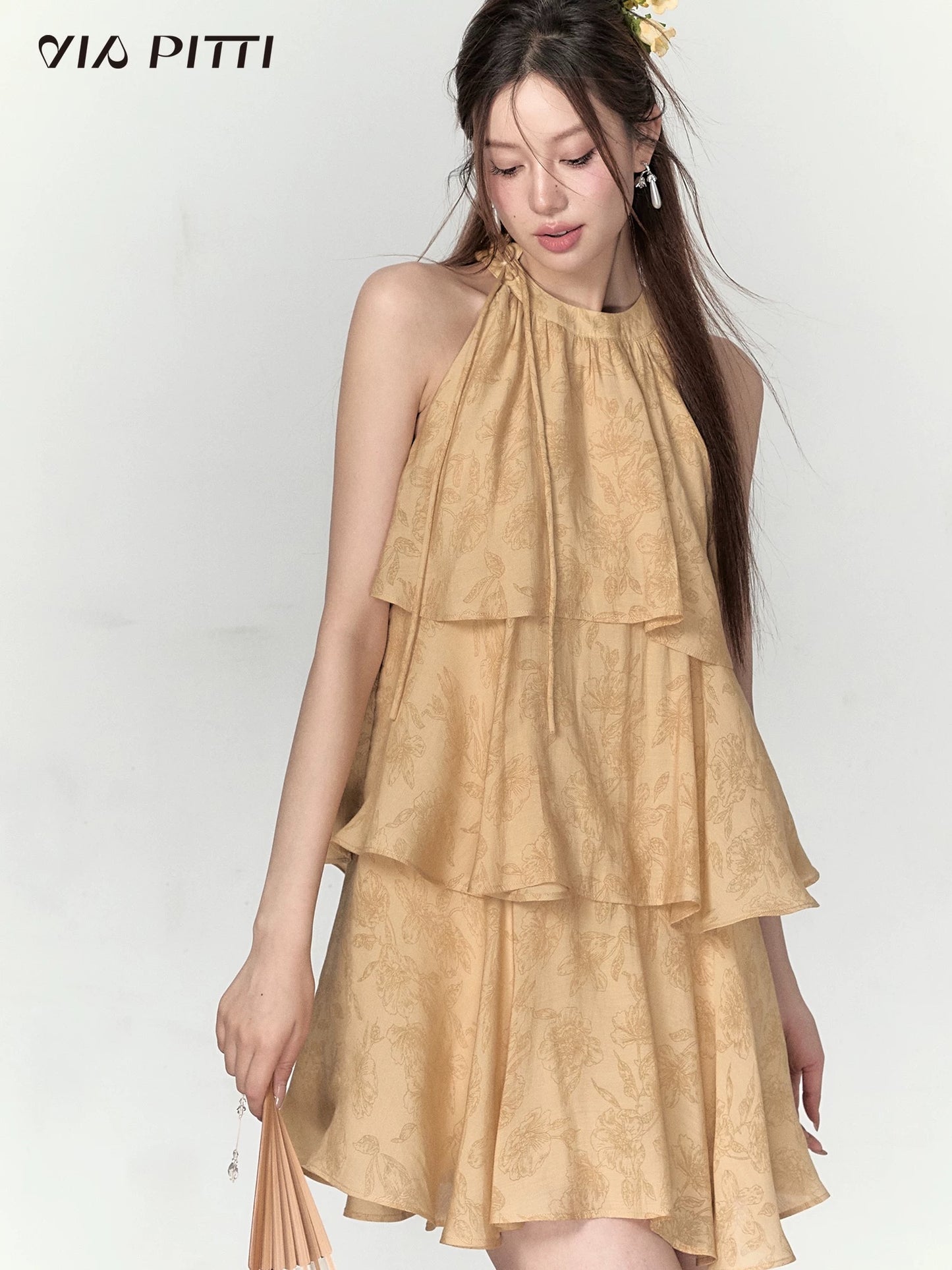 VIAPITTI design new Chinese loose dress women's summer new dark pattern floral slim cake skirt