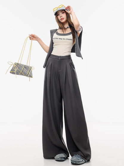 ABWLR Plain Style - Original Old Money Style Flowy Gray Wide-Leg Pants for Women, Korean Style Relaxed Casual Trousers
