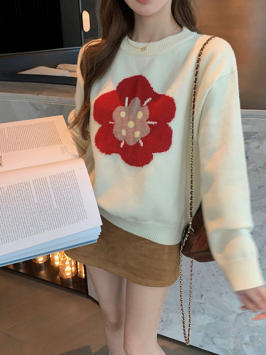 Qiu Rouyao romantic handmade flower long-sleeved round neck sweater women's 2025 autumn and winter new pullover knitted sweater top