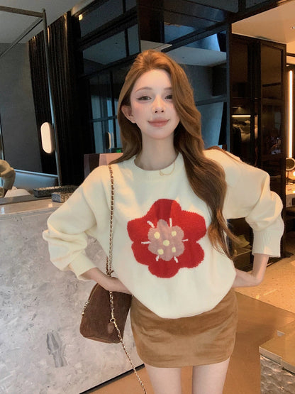 Qiu Rouyao romantic handmade flower long-sleeved round neck sweater women's 2025 autumn and winter new pullover knitted sweater top