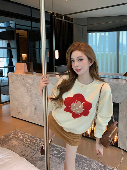 Qiu Rouyao romantic handmade flower long-sleeved round neck sweater women's 2025 autumn and winter new pullover knitted sweater top