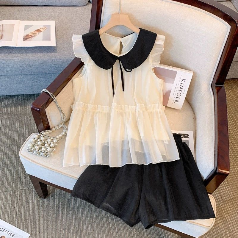 Sweet girl customization~Sweet lace-up small flying sleeve chiffon shirt for women new salt style age-reducing fashion two-piece set