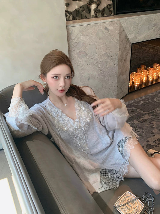Qiu Rouyao To Alice Pearl Sequin Pullover Sweater Women's Loose Temperament Lace V-Neck Sweater