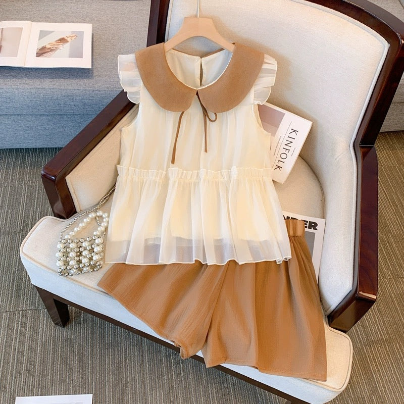 Sweet girl customization~Sweet lace-up small flying sleeve chiffon shirt for women new salt style age-reducing fashion two-piece set